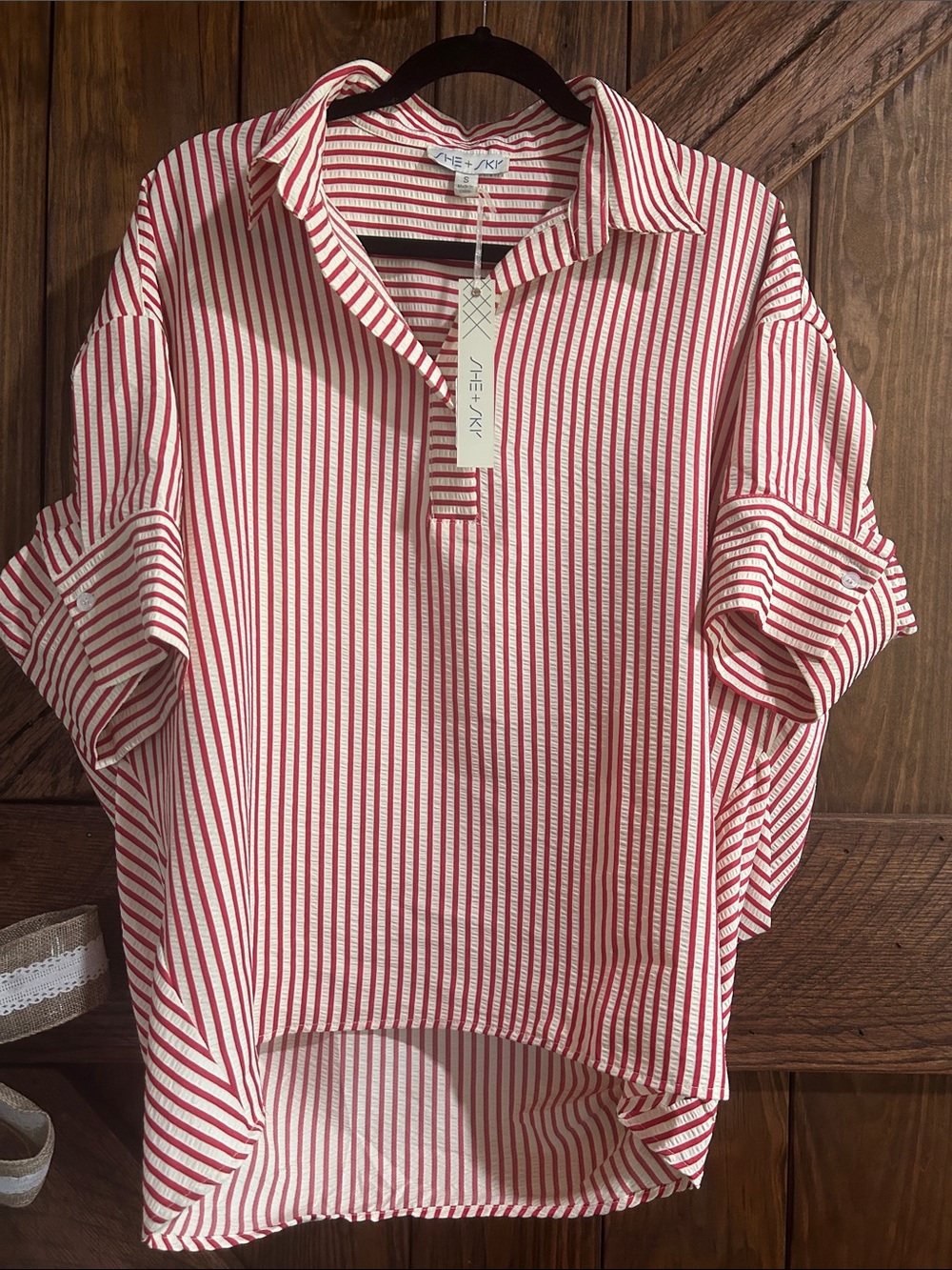 She + Sky Red and White Striped Buttonless Collared Blouse NWT